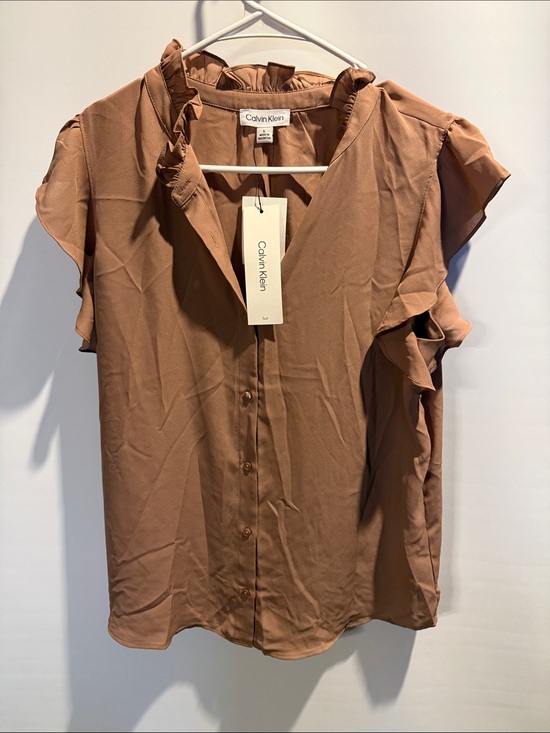 Calvin Klein Tops - Calvin Klein Rust Brown Ruffle Sleeve Button Blouse New With Tags Size: L